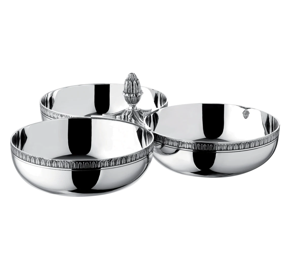Front view of Malmaison Silver-plated Three Part Server with three bowls and leaf motifs on black background
