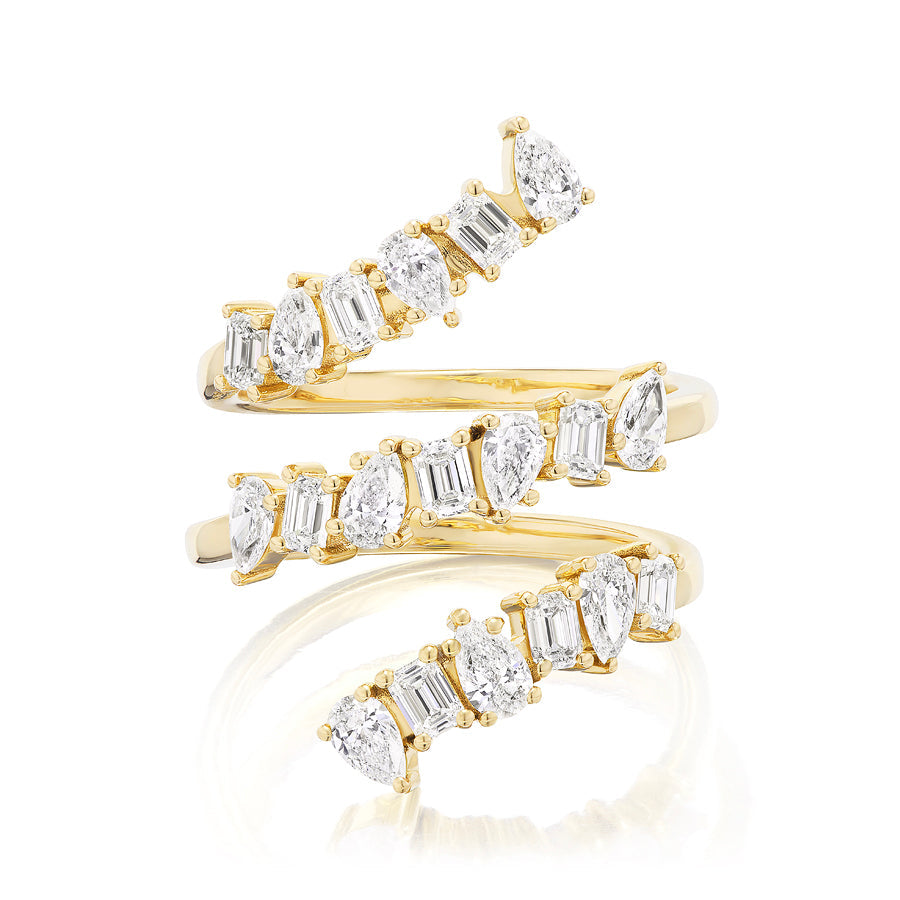 The Triple Wraparound Ring With Mixed Shape Diamonds, crafted in 18k gold, showcases alternating oval, marquise, and baguette-cut diamonds along its two-wrap spiral design and is displayed on a white background.