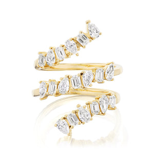 The Triple Wraparound Ring With Mixed Shape Diamonds, crafted in 18k gold, showcases alternating oval, marquise, and baguette-cut diamonds along its two-wrap spiral design and is displayed on a white background.