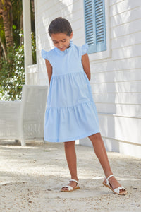 Little English traditional children‚Äôs clothing, girl's light blue tiered dress for Spring with ruffles at the collar and sleeves