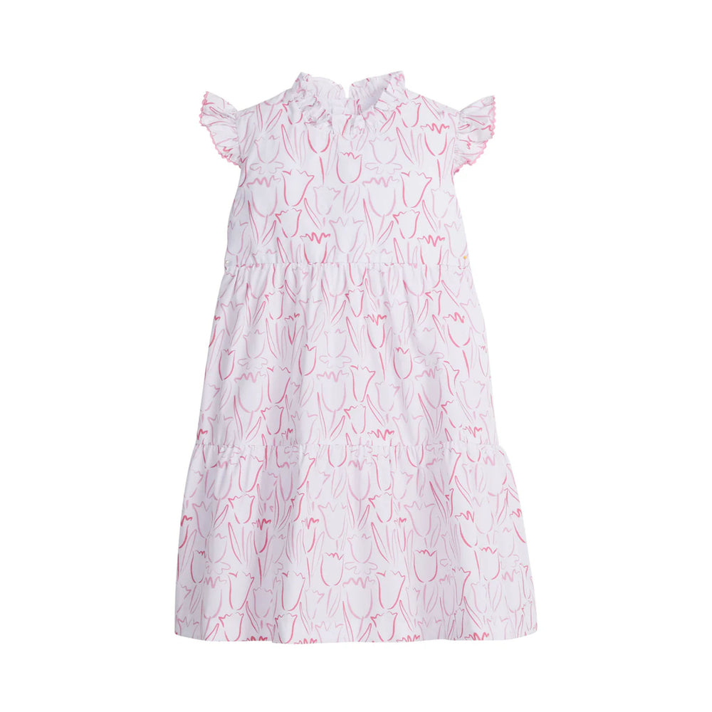 Front of Tiered Charleston Dress (Albany Floral) showing ruffled neck, flutter sleeves and tiered skirt on white