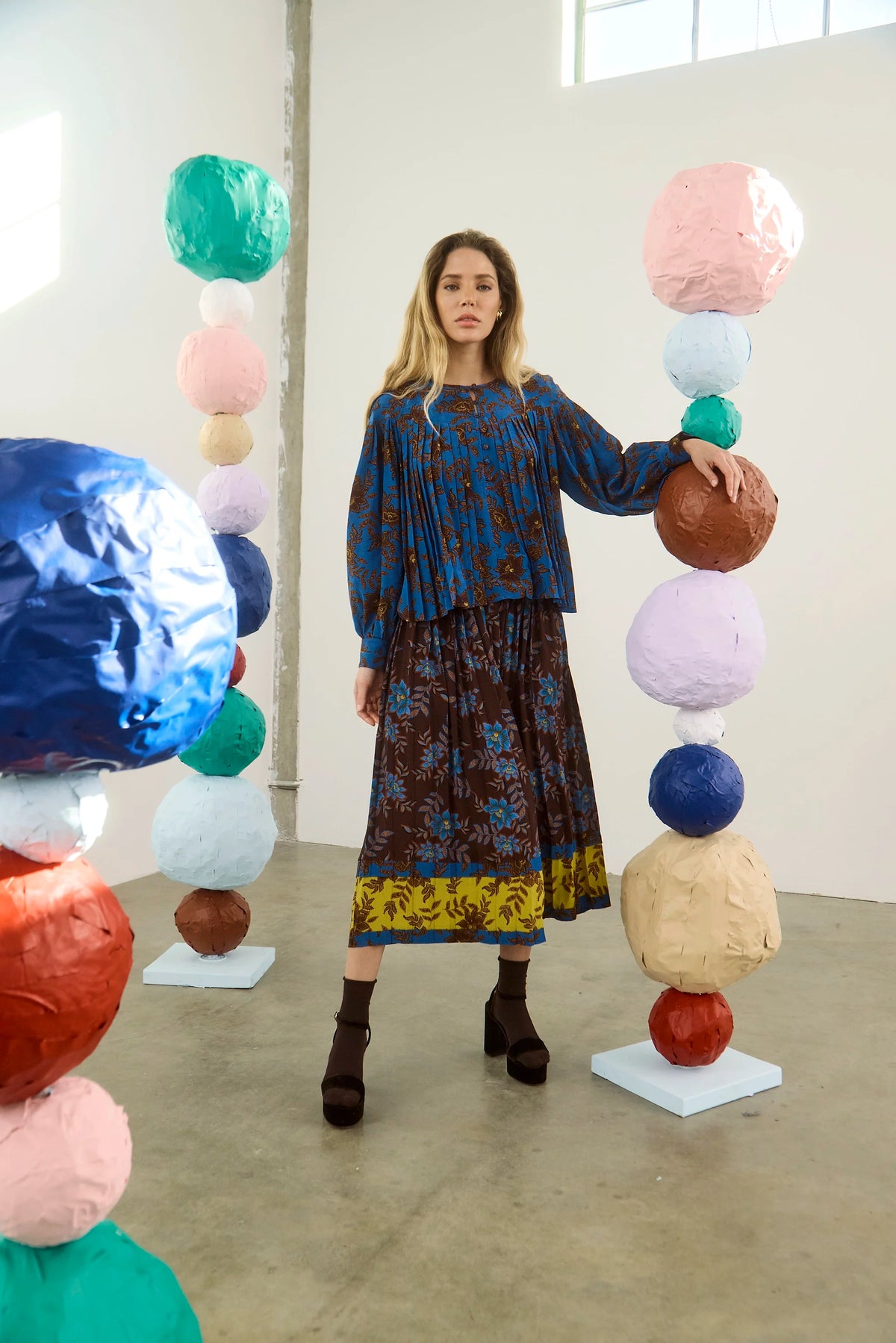 The Tilda Top in Wild Vine Blue paired with the Berkman Skirt in Wild Vine Blue. 