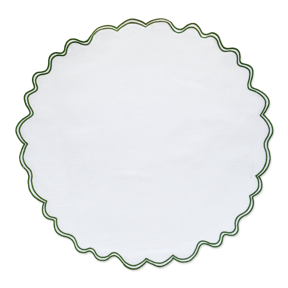 Top view of Timeless Green Placemat showcasing white linen with green cotton thread and scalloped edge on white background