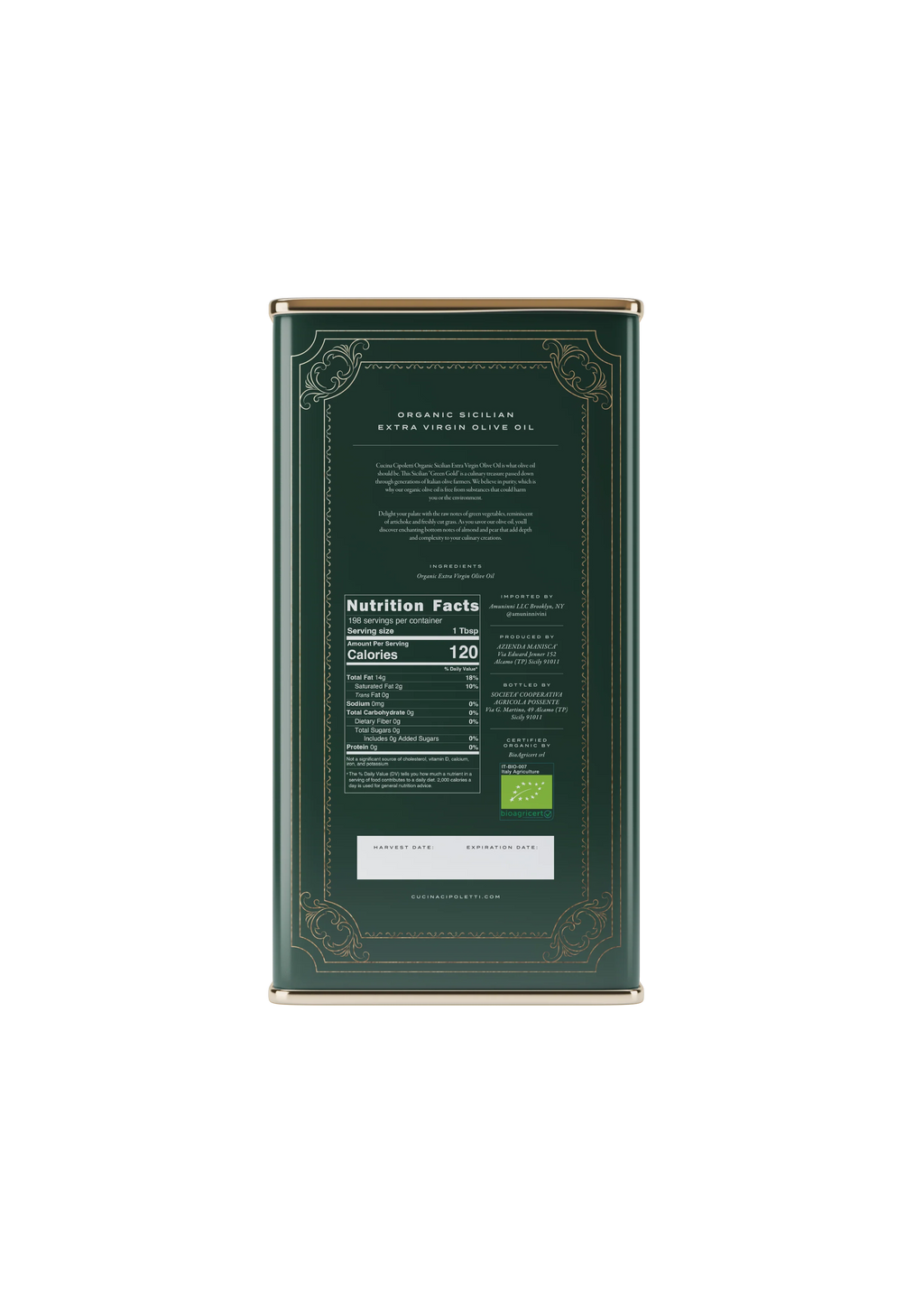 Olive Oil Tin Backside Cover with Nutrition Facts and detailed infos of origin. 