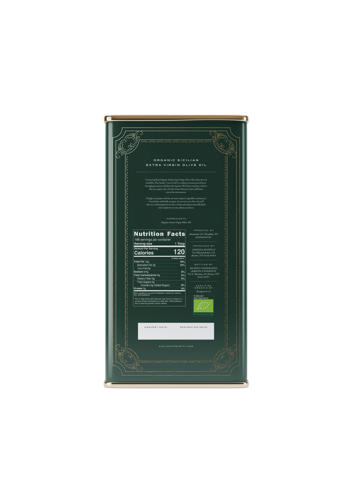 Olive Oil Tin Backside Cover with Nutrition Facts and detailed infos of origin. 