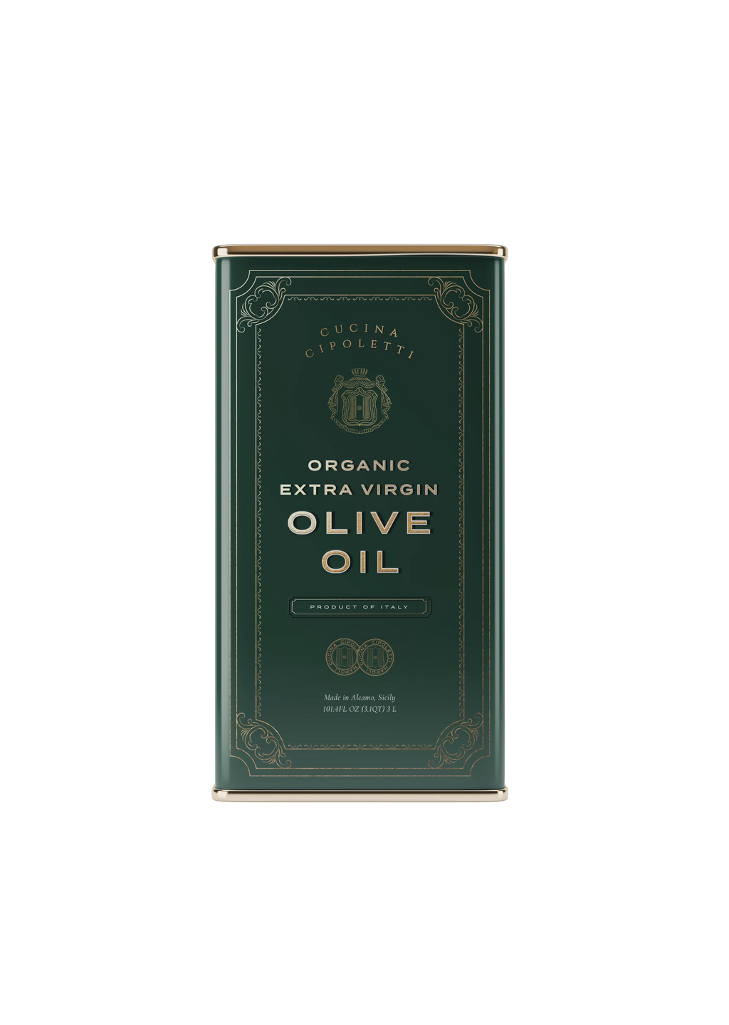 A green tin container of Cucina Cipoletti Organic Extra Virgin Olive Oil with gold and white text detailing the product name and brand.