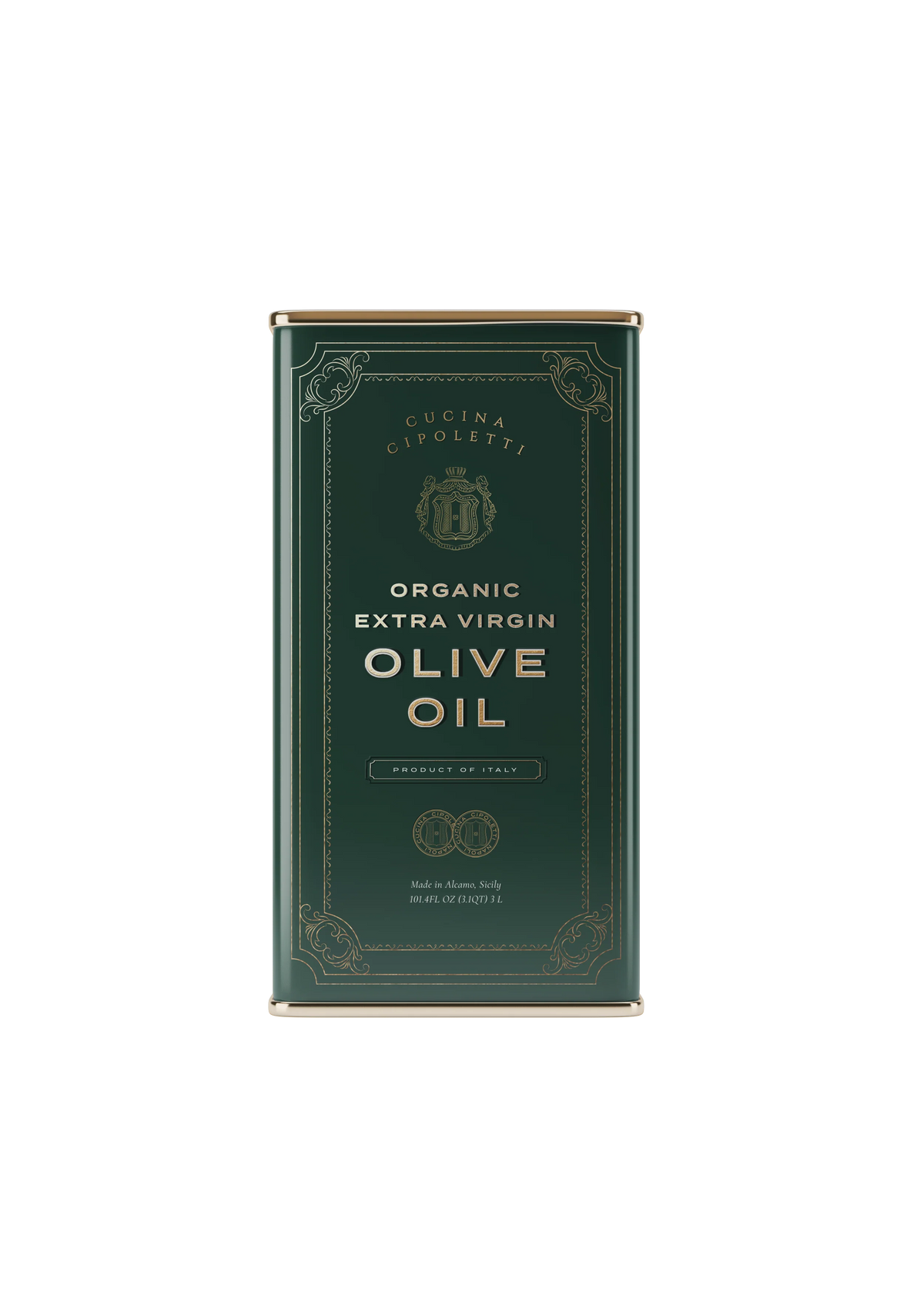 A green tin container of Cucina Cipoletti Organic Extra Virgin Olive Oil with gold and white text detailing the product name and brand.