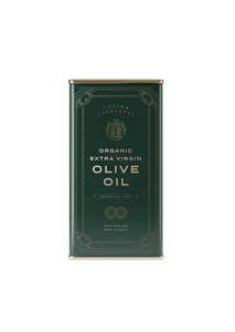 A green tin container of Cucina Cipoletti Organic Extra Virgin Olive Oil with gold and white text detailing the product name and brand.
