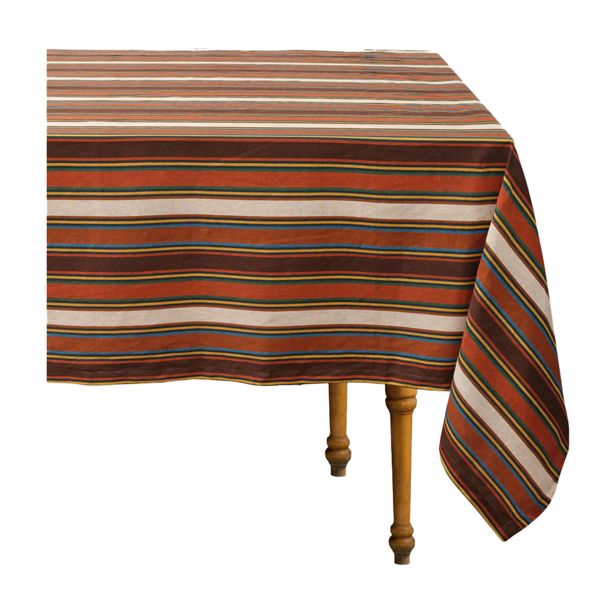 Front view of Tingere Natural Striped Tablecloth, Square showcasing horizontal multicolor stripes draped over a table on white background