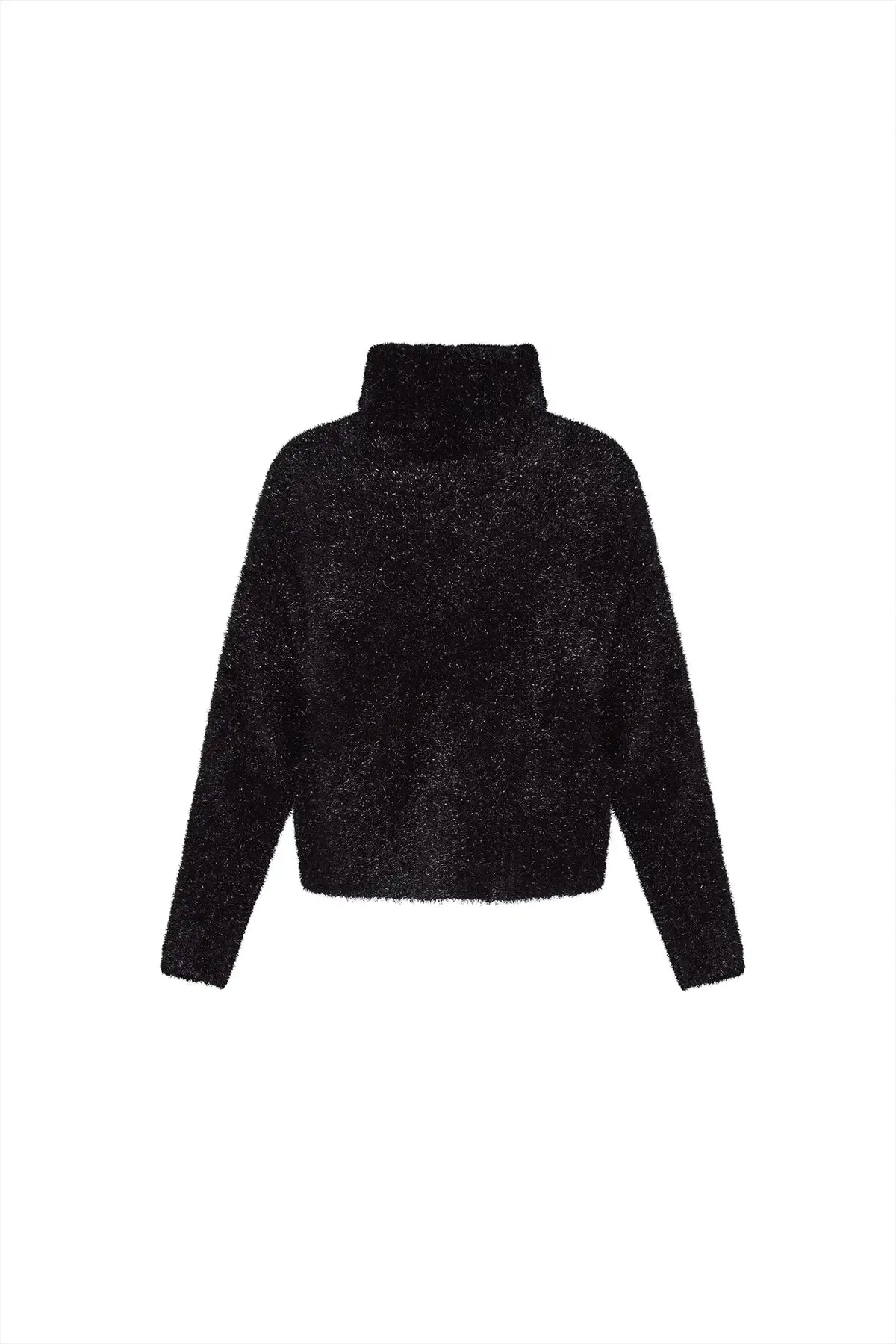 The turtleneck is made with shimmering yarn, oversized, long sleeves, and slightly cropped fit.