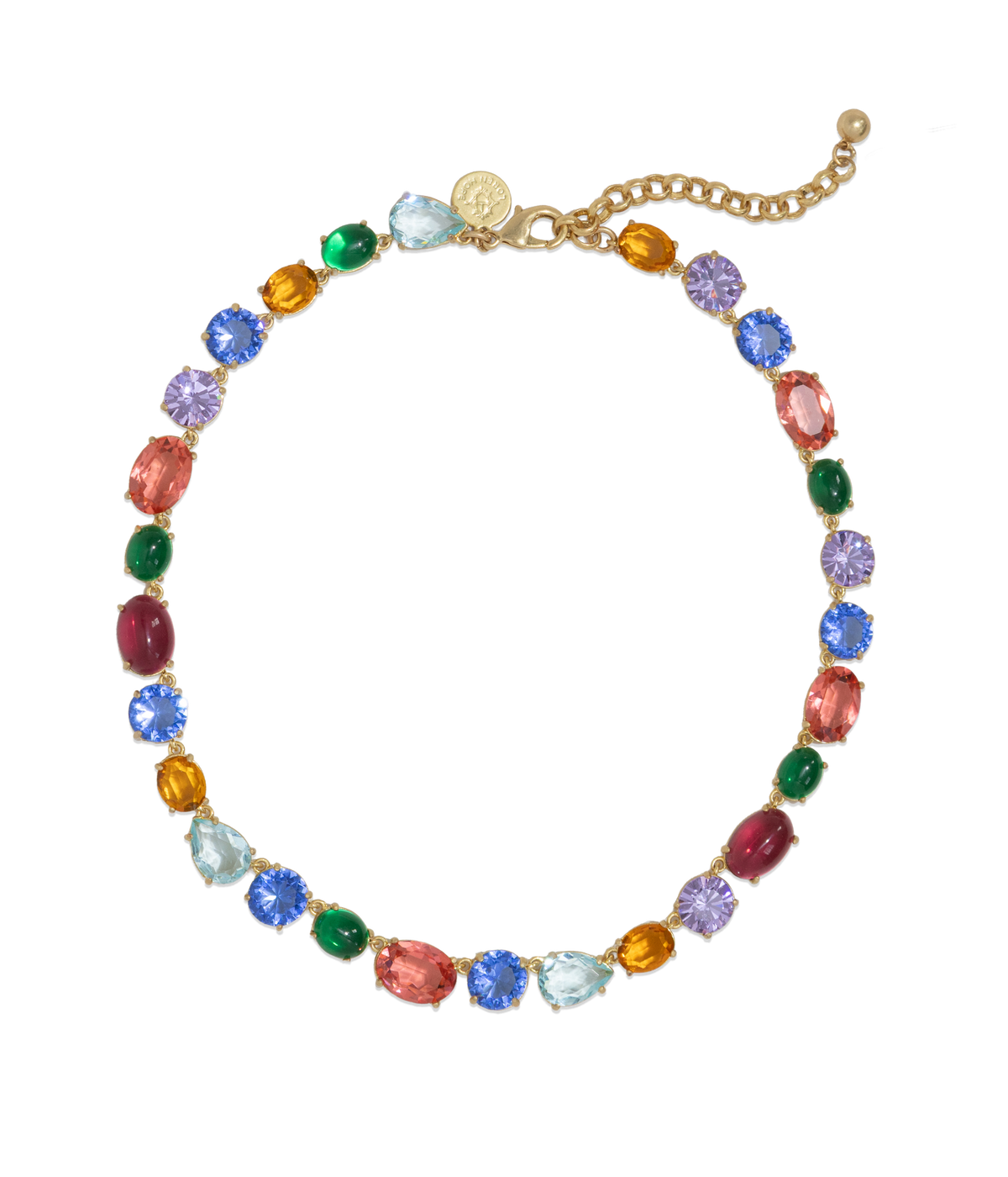 Flat lay of Tinsely Necklace showcasing multicolored glass stones in gold tone prong settings and adjustable chain on white background