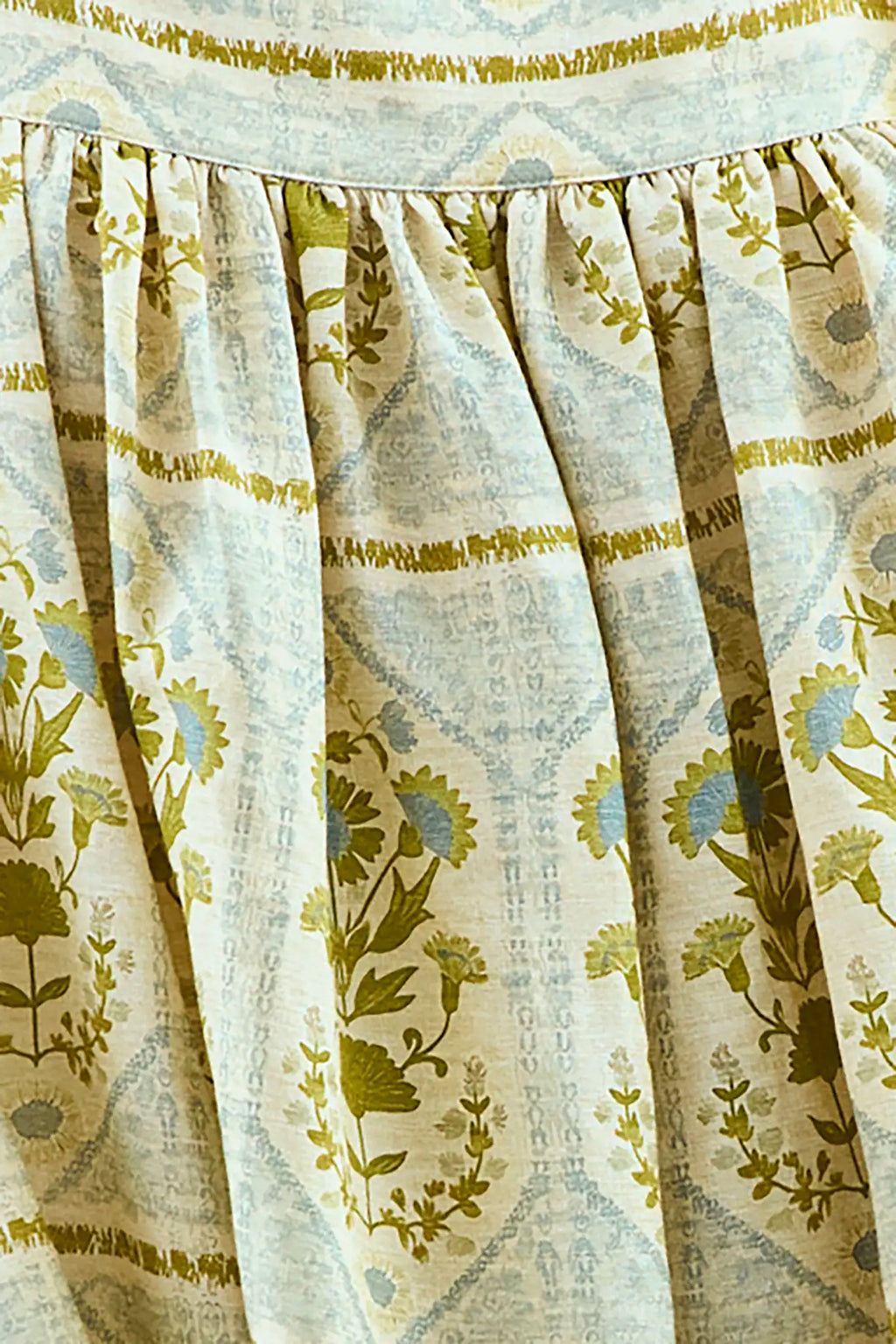 Close up of the Tipper Dress, square neck mini dress, in Green Trellis.