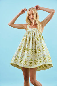 The Tipper Dress, square neck mini dress, in Green Trellis.