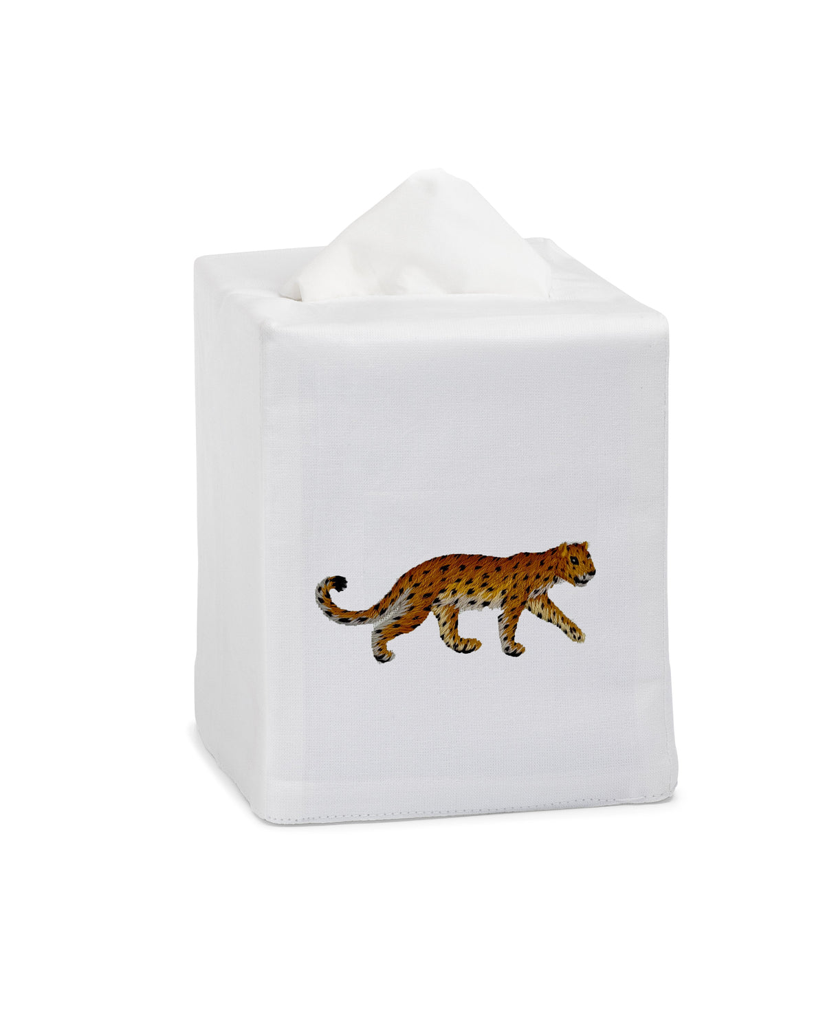 Front view of Leopard Tissue Box Cover showcasing a hand-embroidered leopard motif on white cotton with a plain background