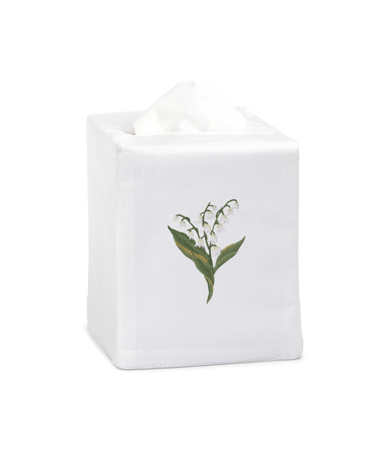 A white tissue cover with white lily of the valley flowers embroidered in the center.