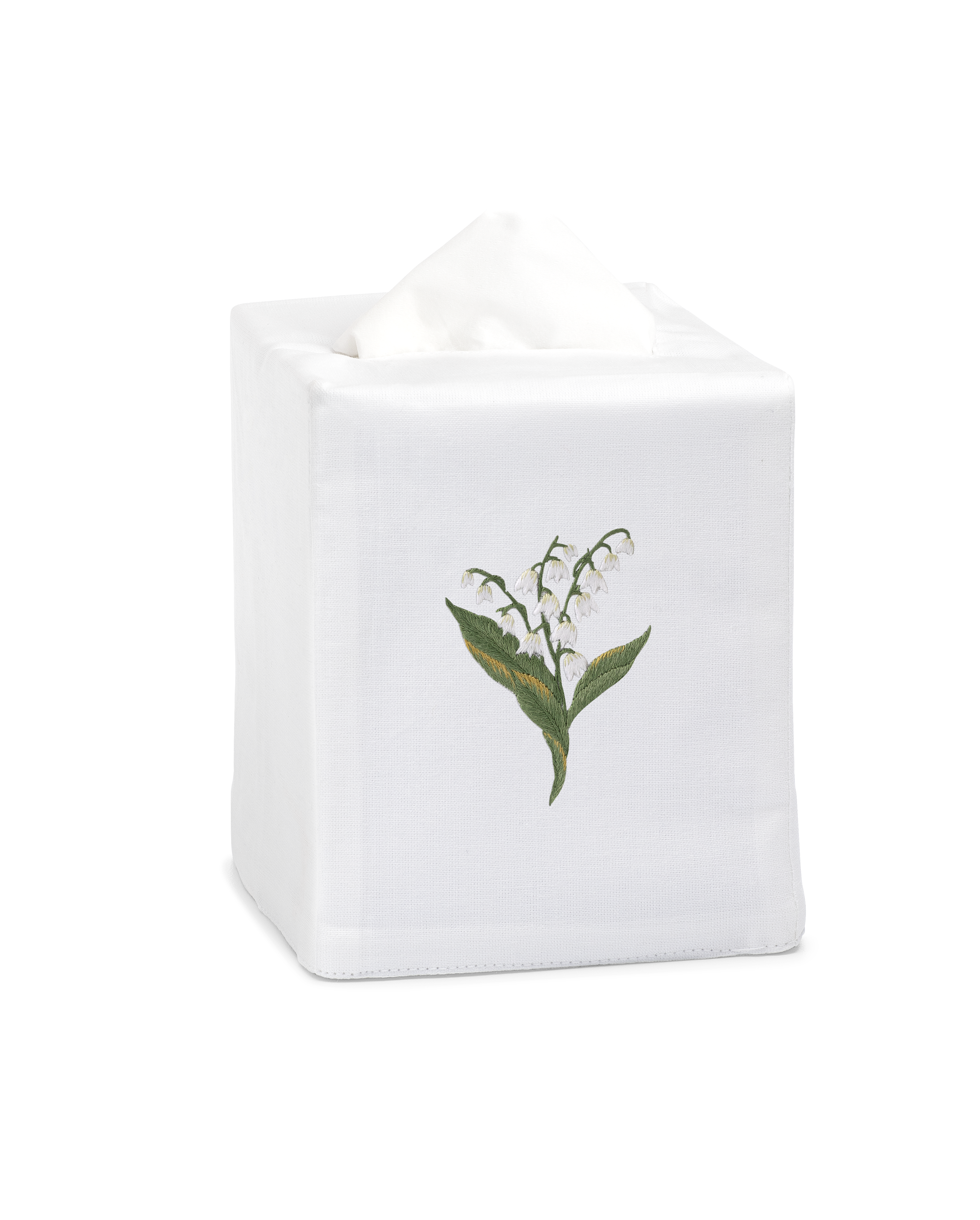 A white tissue cover with white lily of the valley flowers embroidered in the center.