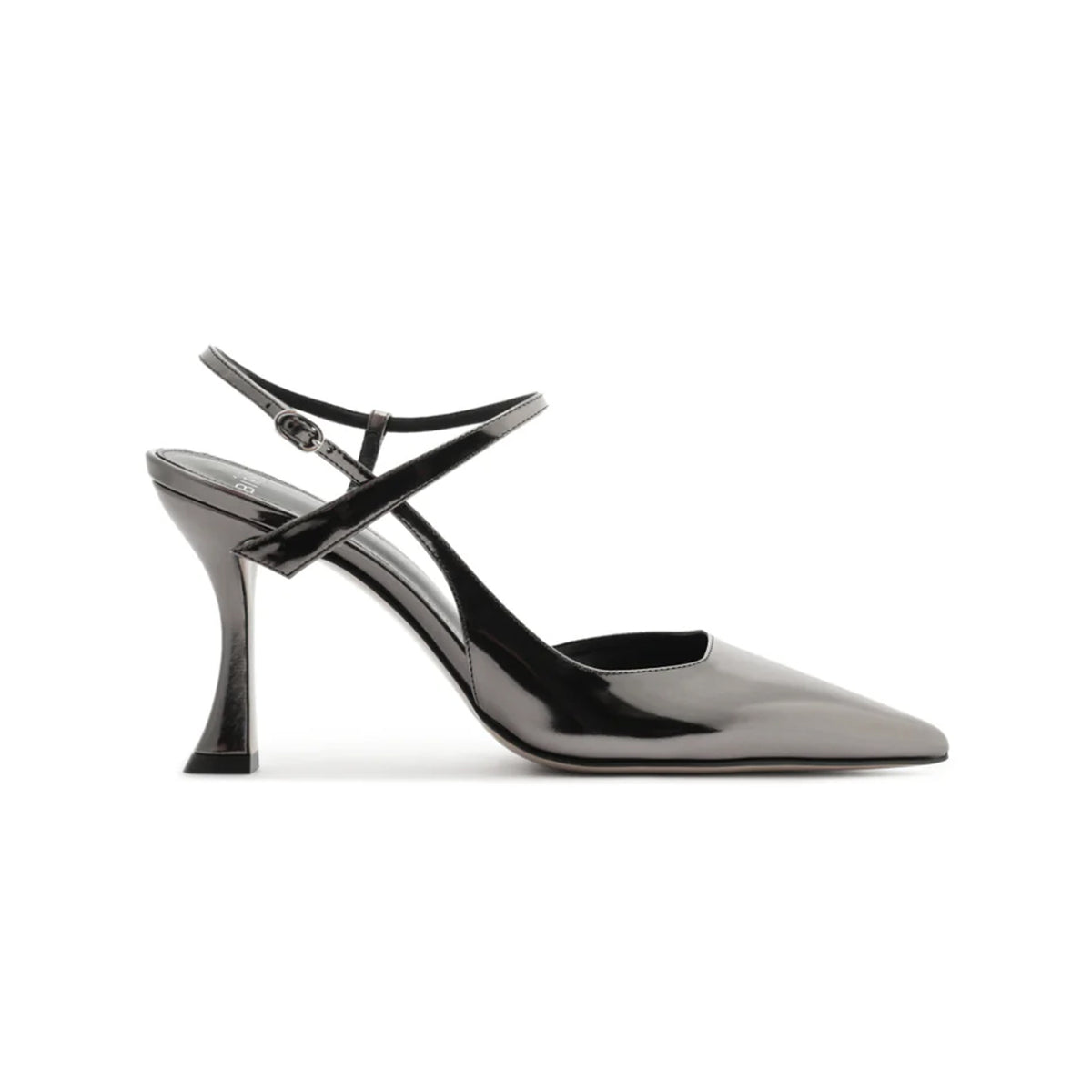 Side view of Tita Wrap 85 in Graphite showcasing pointed toe, crisscross bow detail, and 3.3 inch sculptural heel