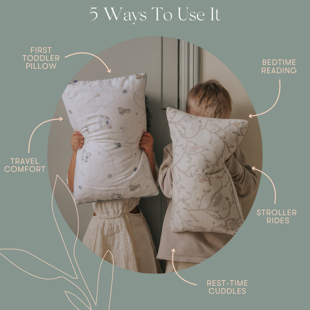 Diagram exploring 5 different ways to use the toddler pillow.