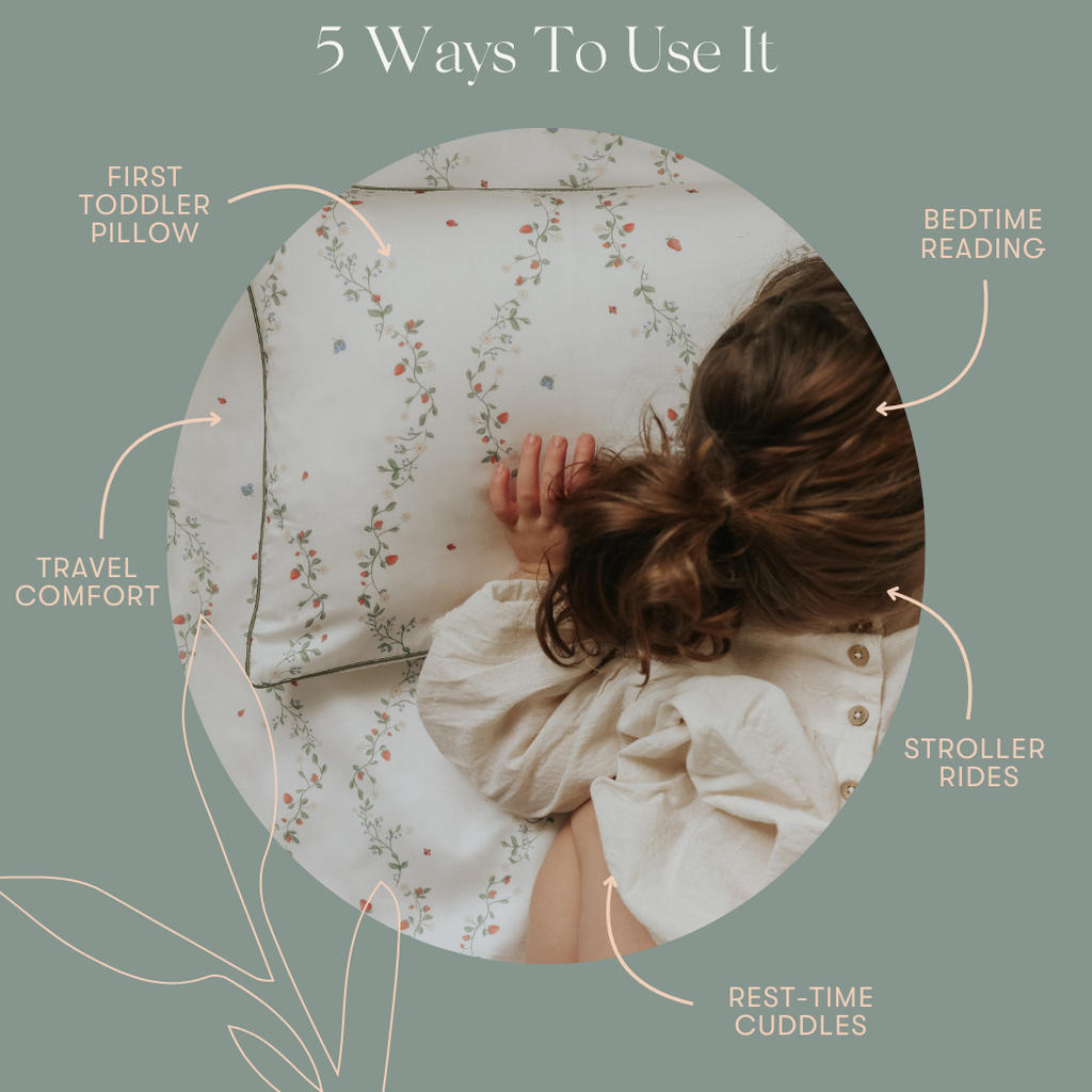 Diagram exploring 5 different ways to use the toddler pillow.
