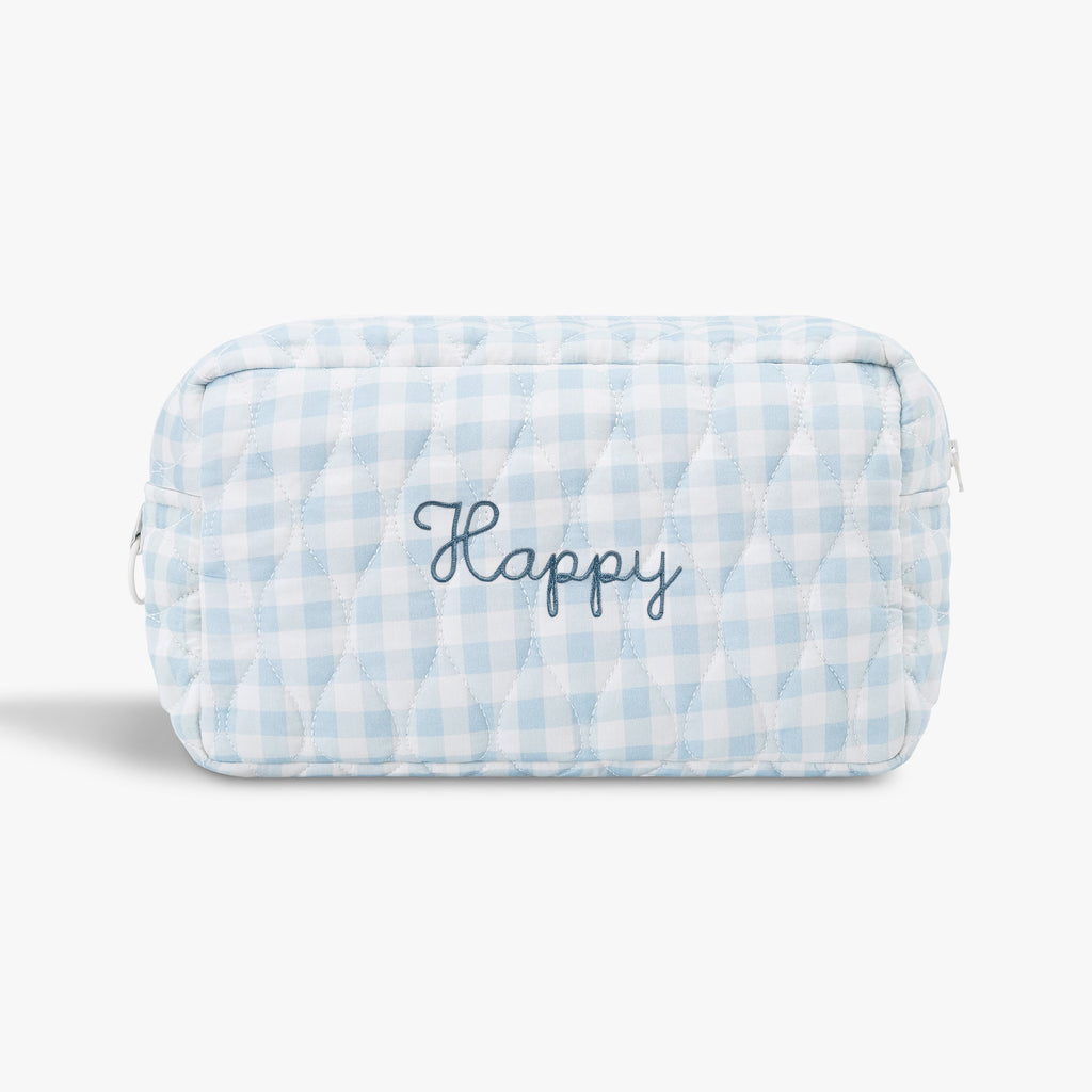 Toiletry Pouch in Blue Gingham. "Happy" embroidered on the front.