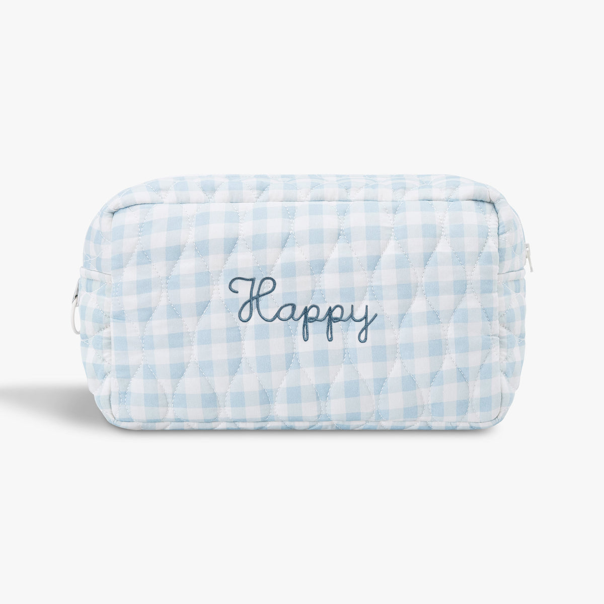 Toiletry Pouch in Blue Gingham. "Happy" embroidered on the front.