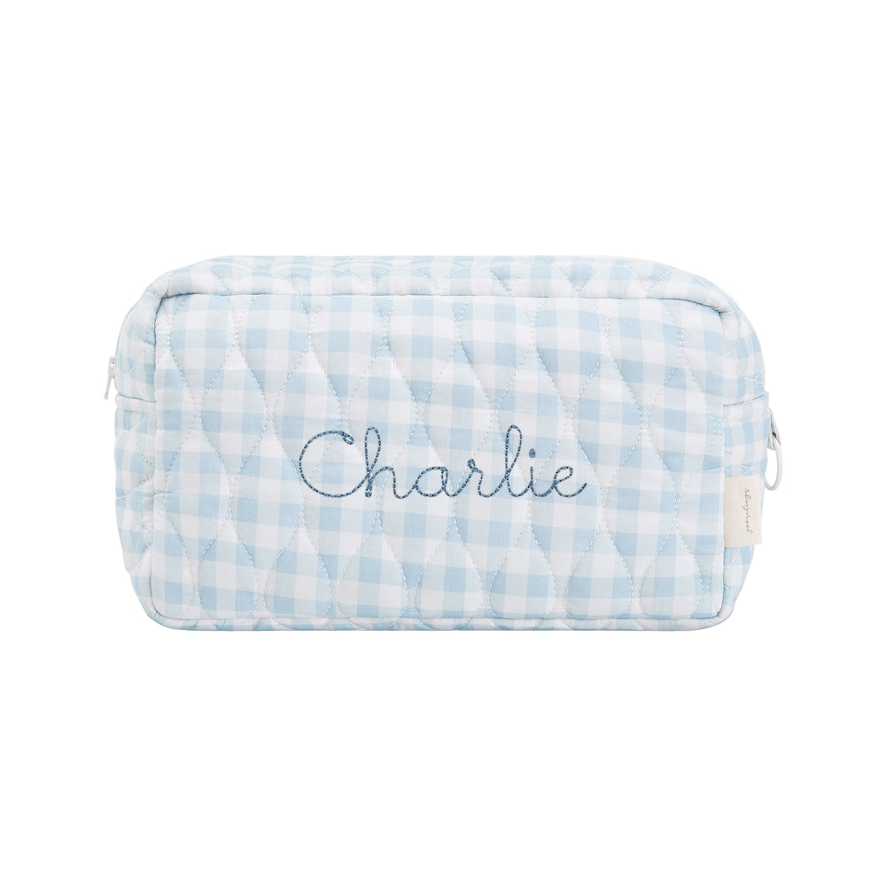 Toiletry Pouch in Blue Gingham. "Charlie" embroidered on the front.