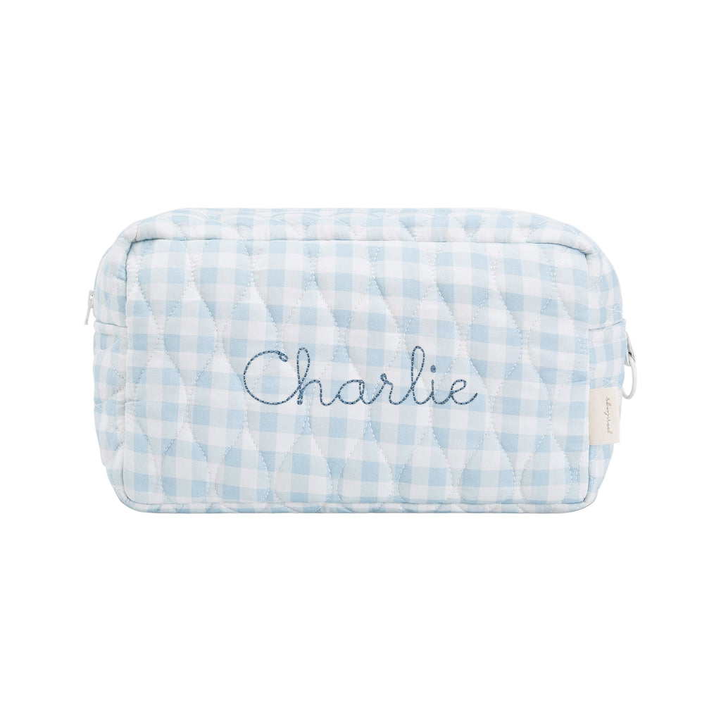 Toiletry Pouch in Blue Gingham. "Charlie" embroidered on the front.