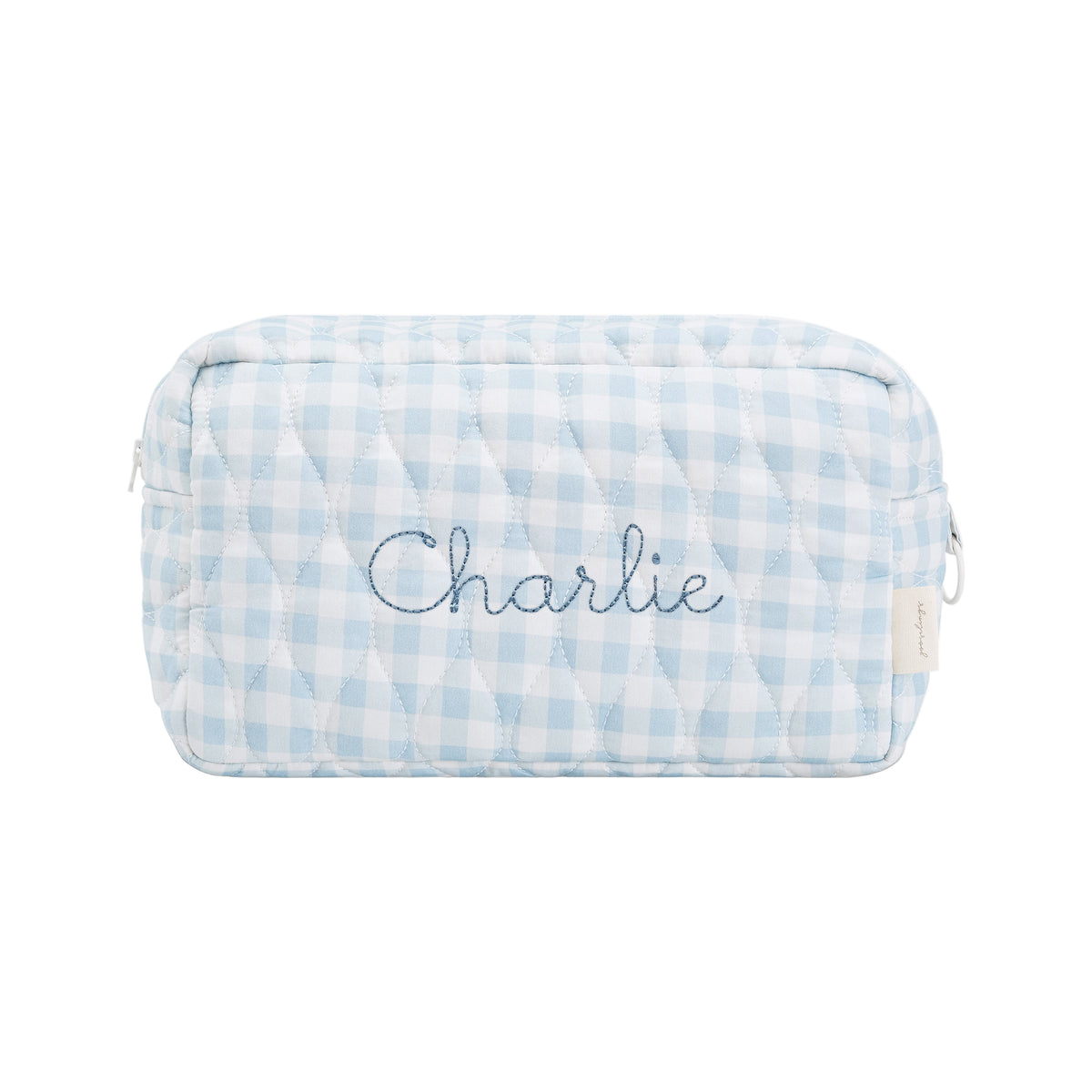 Toiletry Pouch in Blue Gingham. "Charlie" embroidered on the front.