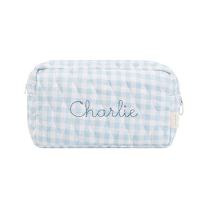 Toiletry Pouch in Blue Gingham. "Charlie" embroidered on the front.