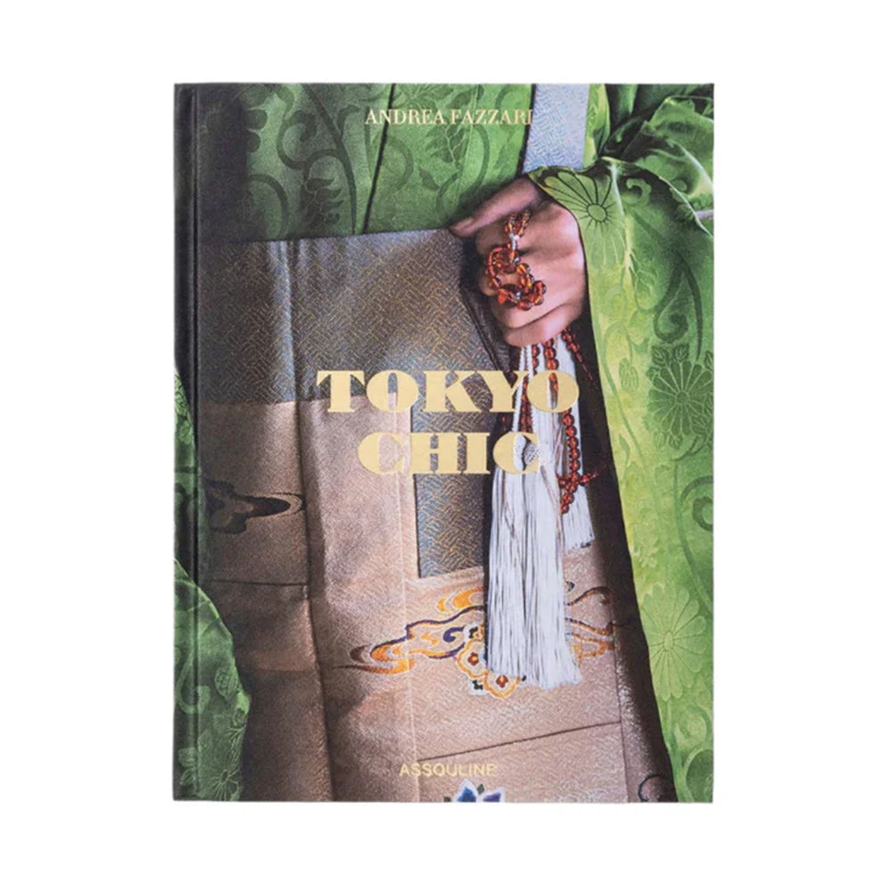 Front view of Tokyo Chic coffee table book showing silk hardcover with green kimono artwork and gold title on white background