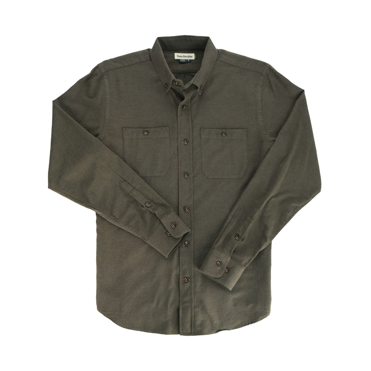 The Tom Beckbe Dixon Brushed Cotton Twill Shirt in olive, featuring two chest pockets, shown laid flat on white.