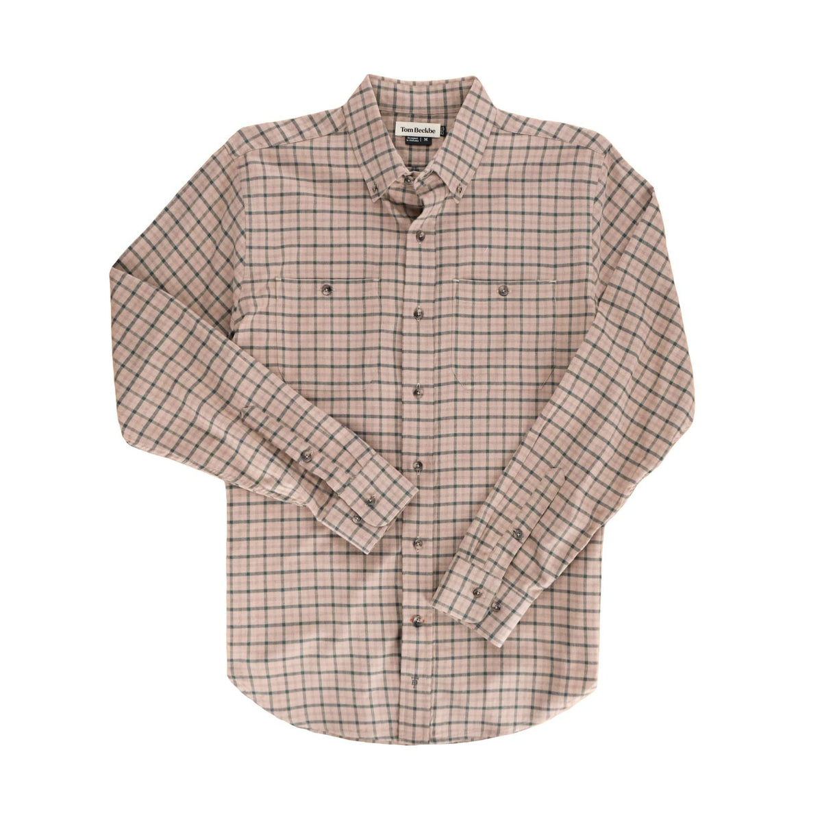 The Tom Beckbe Dixon Brushed Cotton Twill Shirt in beige features long sleeves and two chest pockets on a white background.