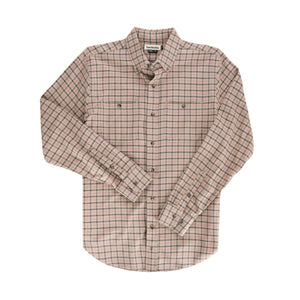 The Tom Beckbe Dixon Brushed Cotton Twill Shirt in beige features long sleeves and two chest pockets on a white background.