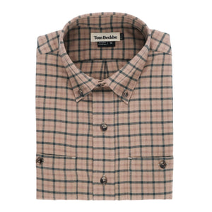 Folded Dixon Brushed Cotton Twill Shirt by Tom Beckbe with a collar, shown in beige plaid on a white background.