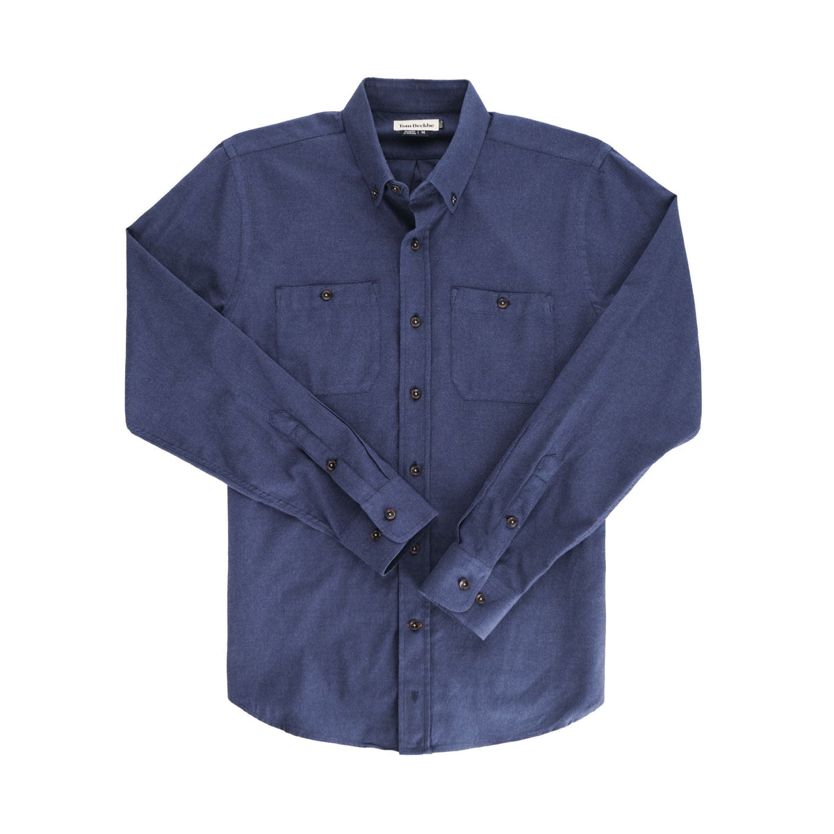 The Tom Beckbe Dixon Brushed Cotton Twill Shirt, navy, medium-weight with two chest pockets, is shown laid flat.