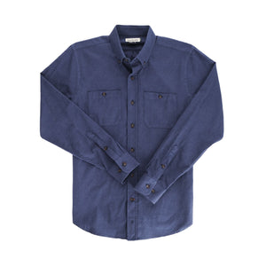 The Tom Beckbe Dixon Brushed Cotton Twill Shirt, navy, medium-weight with two chest pockets, is shown laid flat.