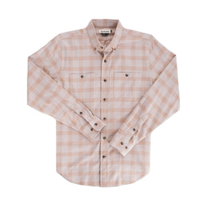 Tom Beckbe Dixon Brushed Cotton Twill Shirt in beige and light pink plaid with two chest pockets, laid flat on white.