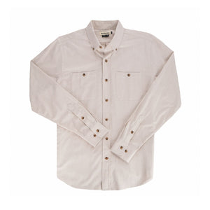 The Tom Beckbe Dixon Brushed Cotton Twill Shirt, medium-weight with two chest pockets, shown flat in light beige.