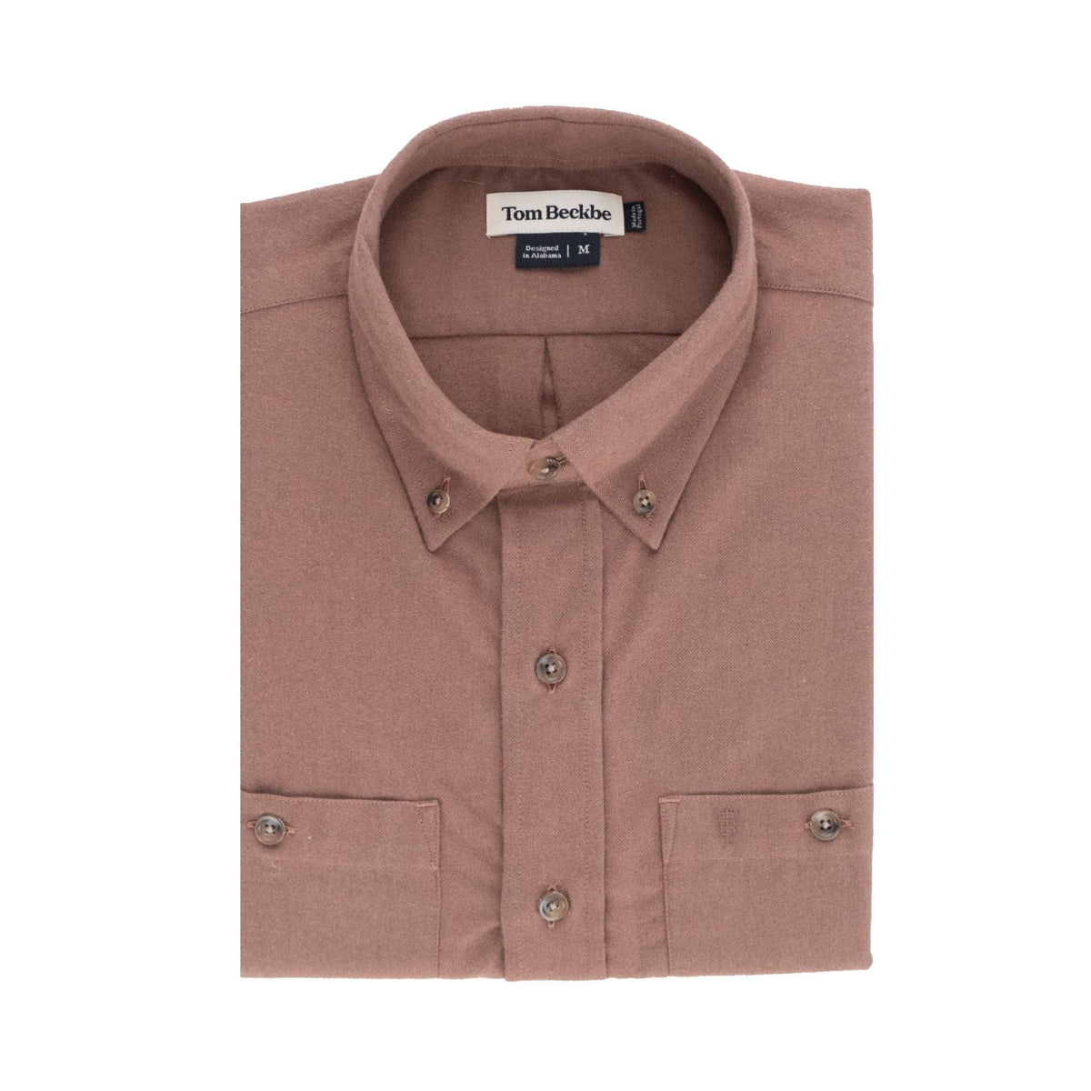Folded brown Dixon Brushed Cotton Twill Shirt by Tom Beckbe, size medium, features two chest pockets and a collar.