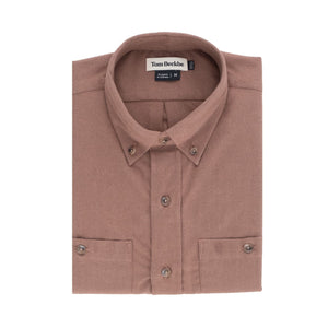 Folded brown Dixon Brushed Cotton Twill Shirt by Tom Beckbe, size medium, features two chest pockets and a collar.