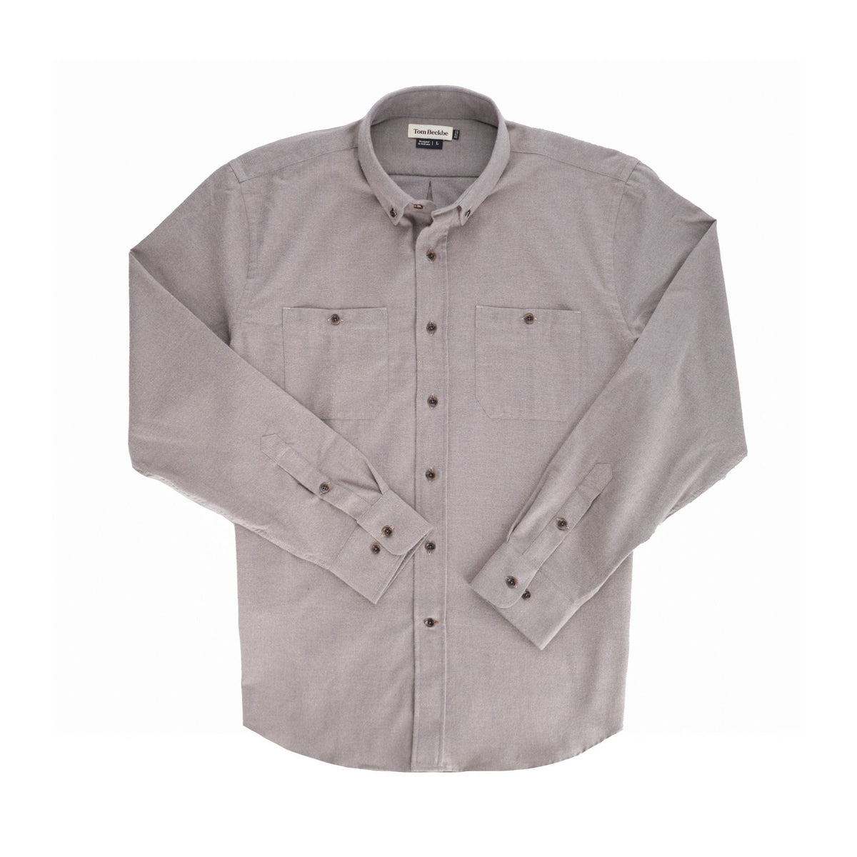 The Tom Beckbe Dixon Brushed Cotton Twill Shirt in light grey with two chest pockets, shown laid flat on white.