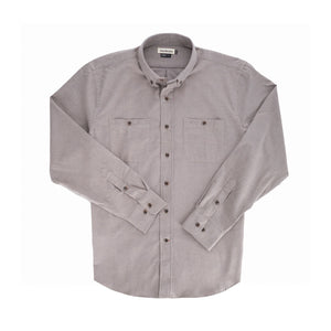 The Tom Beckbe Dixon Brushed Cotton Twill Shirt in light grey with two chest pockets, shown laid flat on white.