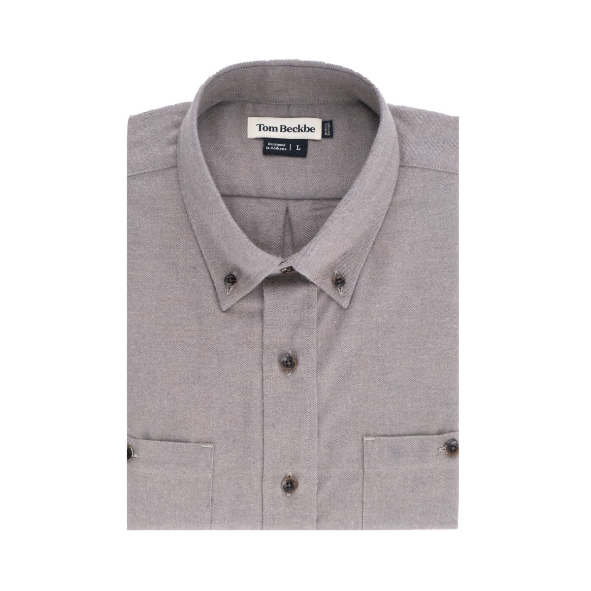 The Dixon Brushed Cotton Twill Shirt by Tom Beckbe in grey features two front pockets and a label inside the collar.