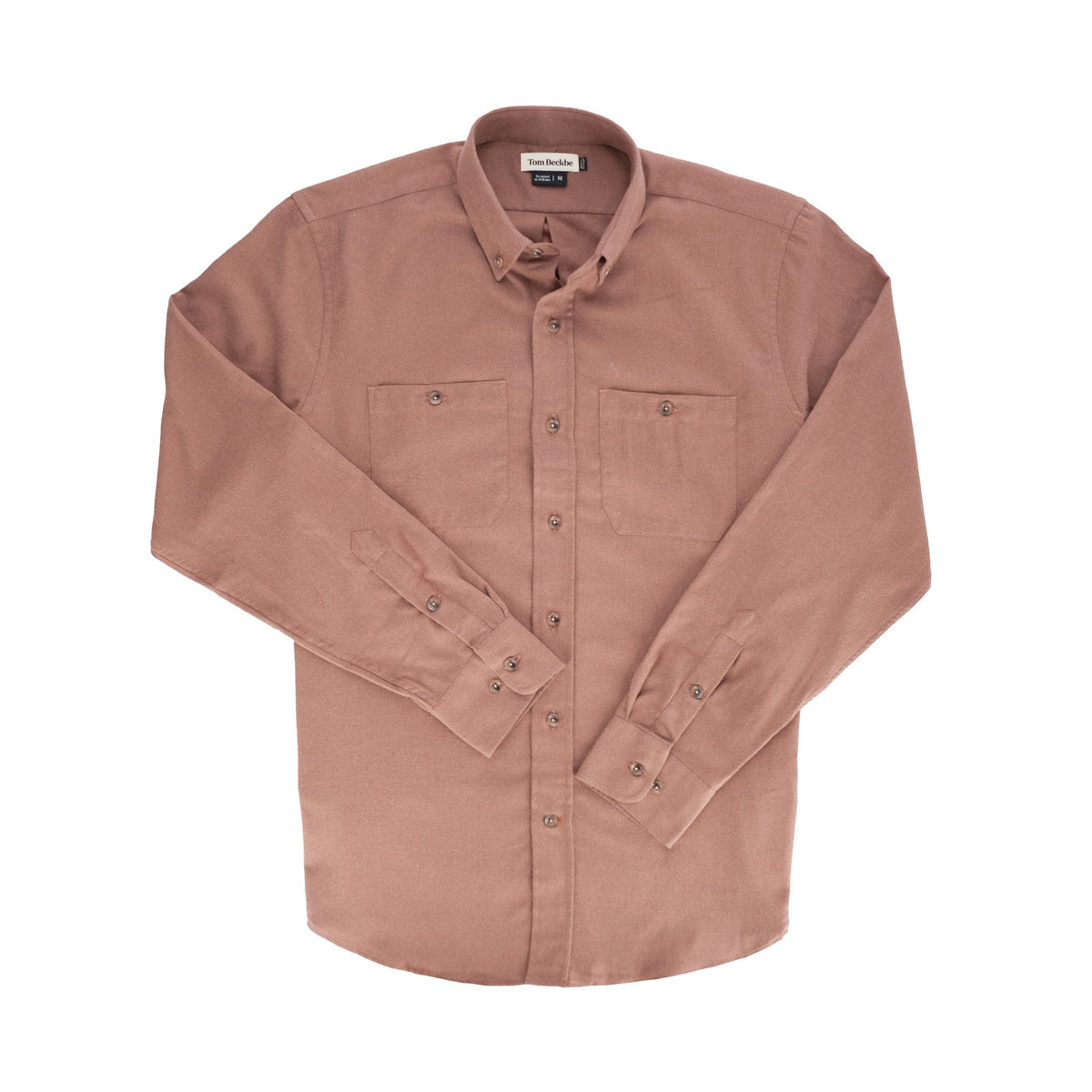 The Tom Beckbe Dixon Brushed Cotton Twill Shirt, brown with two chest pockets, is shown laid flat on a white background.