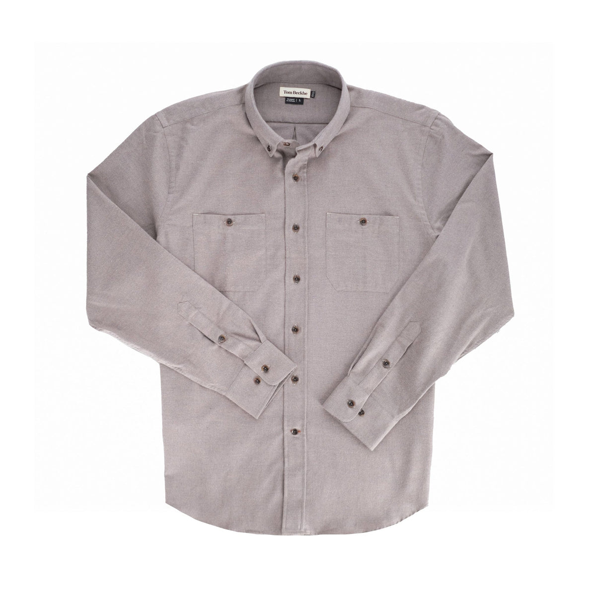 The Tom Beckbe Dixon Brushed Cotton Twill Shirt in light gray features long sleeves and two chest pockets, shown laid flat.