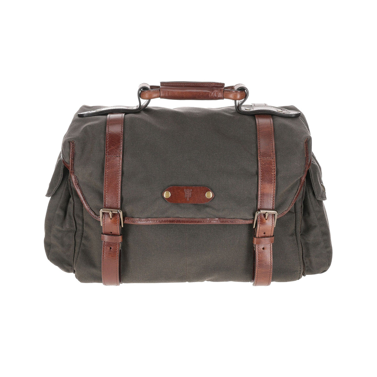 Front view of Canvas Field Bag showcasing its top handle and buckle straps against a white background