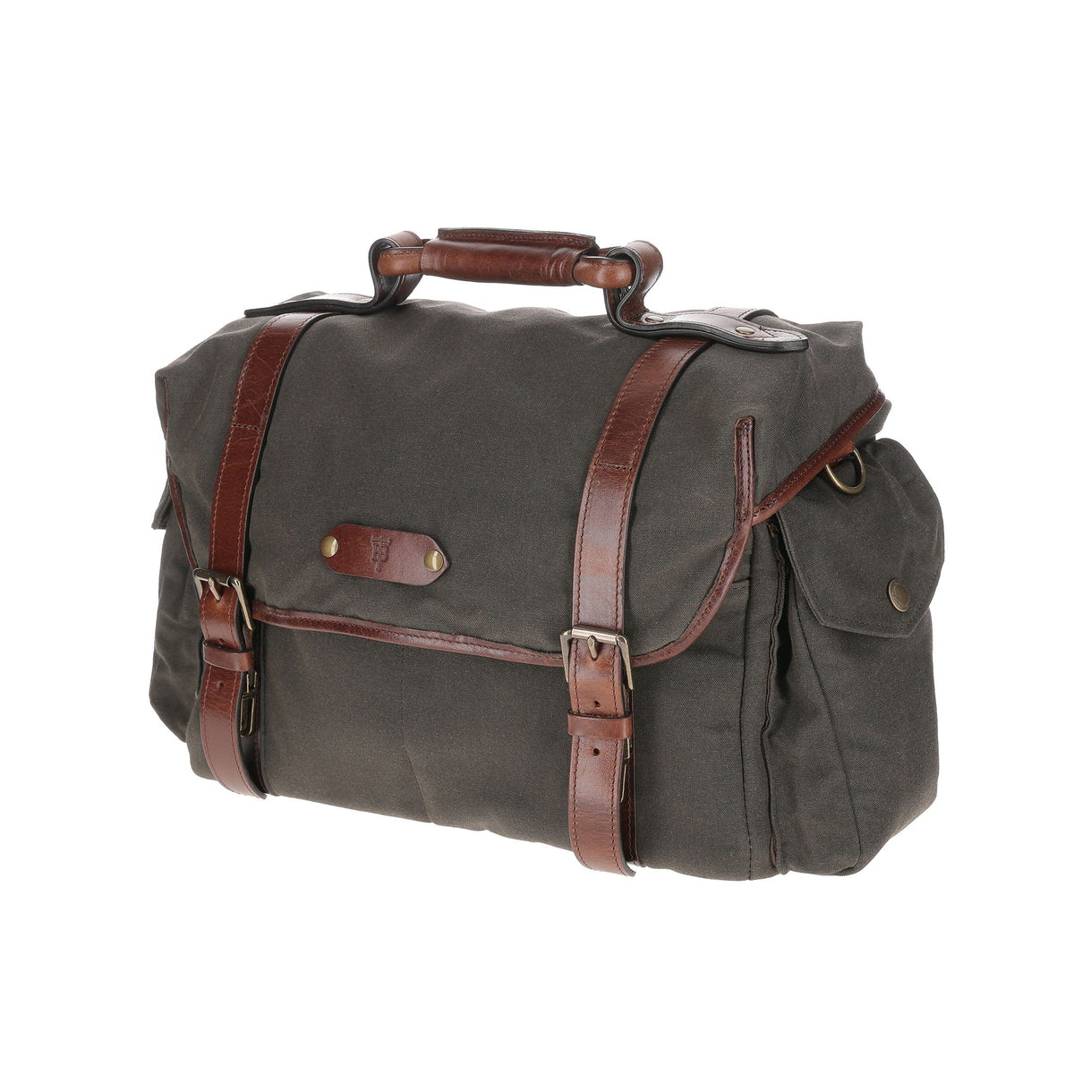Three-quarter view of the Bark Canvas Field Bag showcasing leather straps and top handle with white background