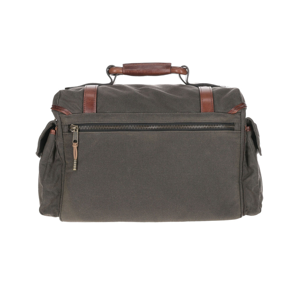 Front view of Canvas Field Bag in Bark showcasing heavy-duty top handle and zippered pocket on white background