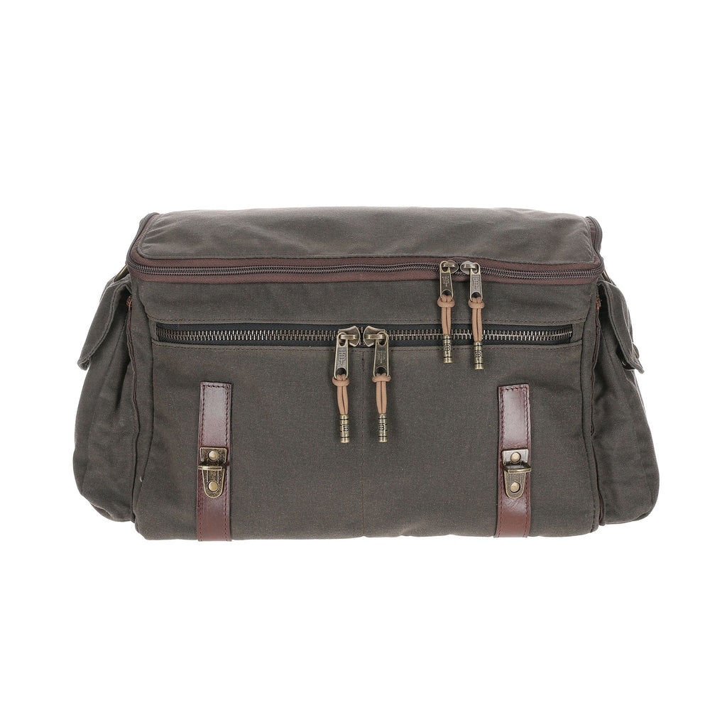 Front view of Bark Canvas Field Bag showcasing front zippered compartments and top handle on a white background