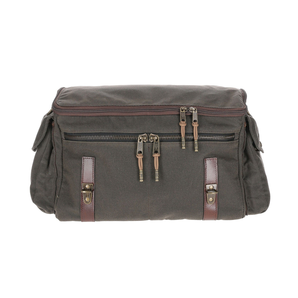 Front view of Bark Canvas Field Bag showcasing front zippered compartments and top handle on a white background